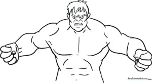 Black and white line art of the Hulk in a powerful stance, ready to be colored by children.
