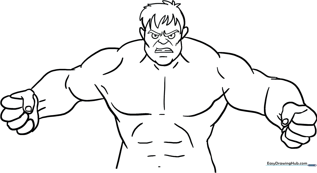 Black and white line art of the Hulk in a powerful stance, ready to be colored by children.
