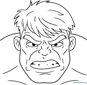 Detailed line art of the Hulk's face featuring his signature furrowed brow and intense expression, ready for coloring.