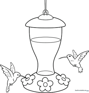 Black and white line art of a classic hummingbird feeder with flower-shaped feeding ports, ready for children to color.