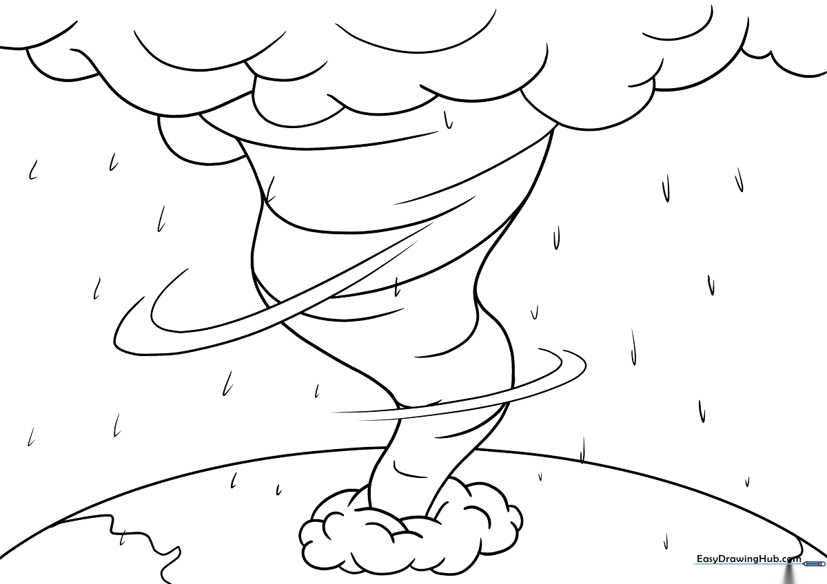 Black and white line art of a swirling hurricane with wind clouds, designed as a printable coloring activity for children.