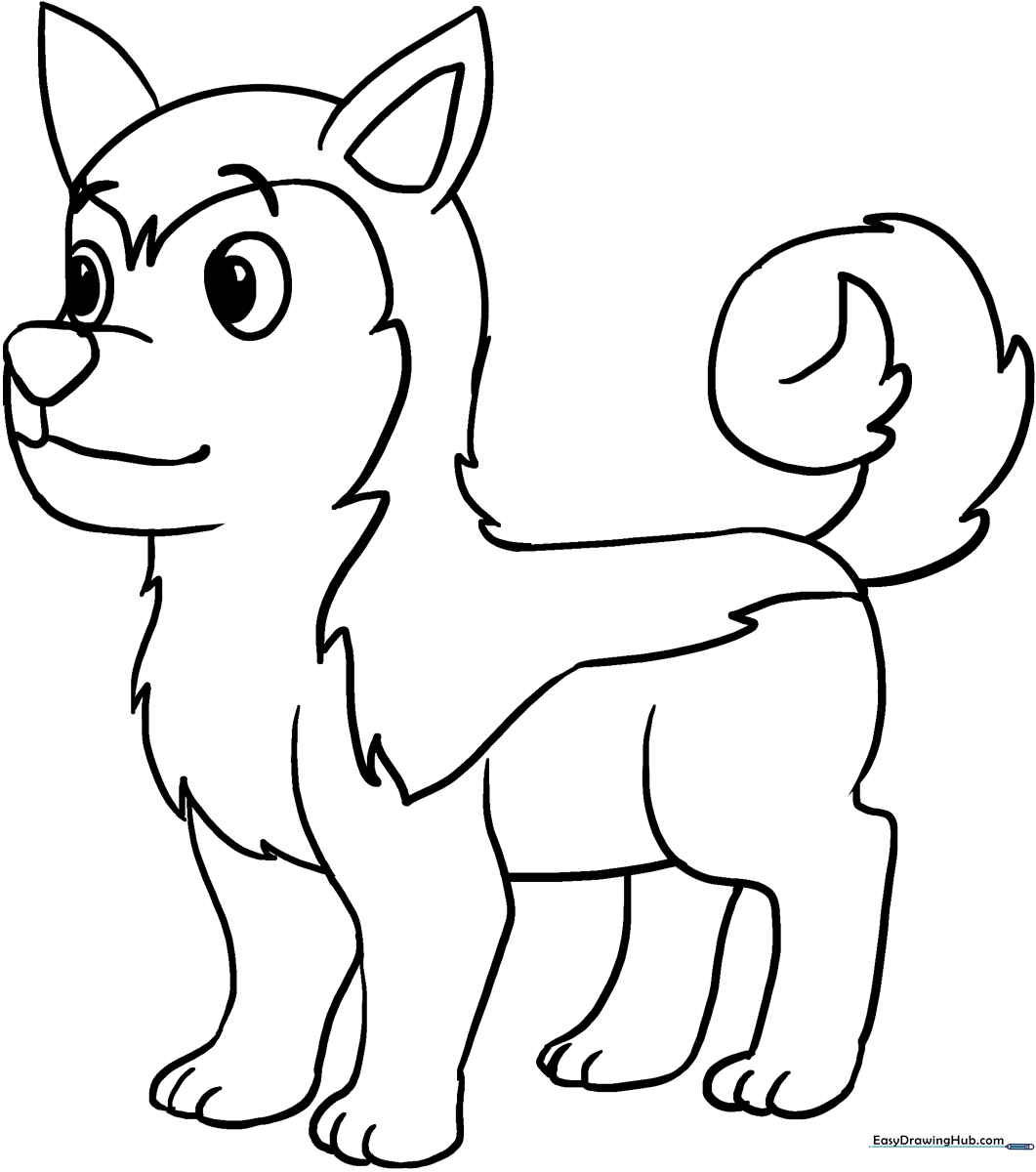 Black and white line art of a friendly Husky sitting down, featuring clear outlines for easy coloring by children.