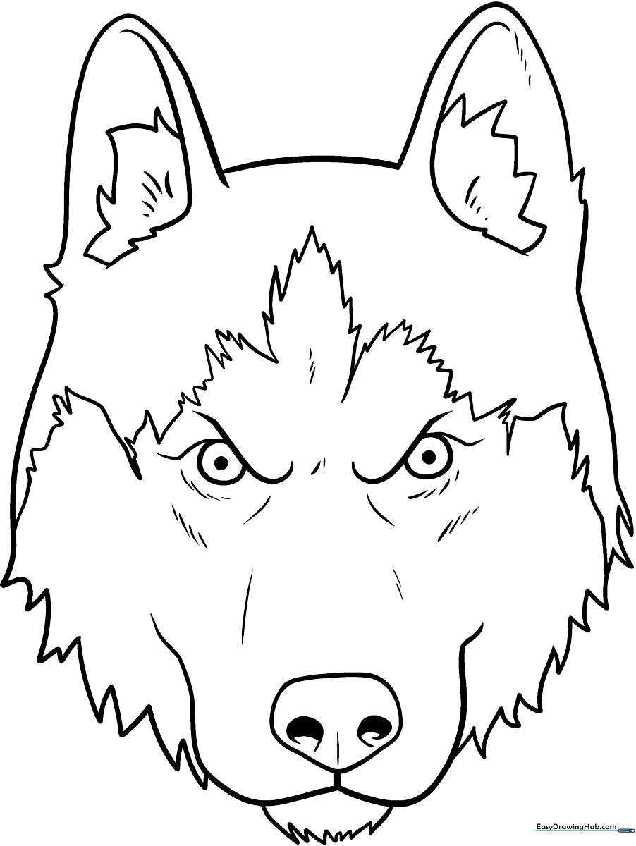 A clean, black-and-white line art illustration of a Siberian Husky face with distinct eye markings and perky ears, ready for coloring.