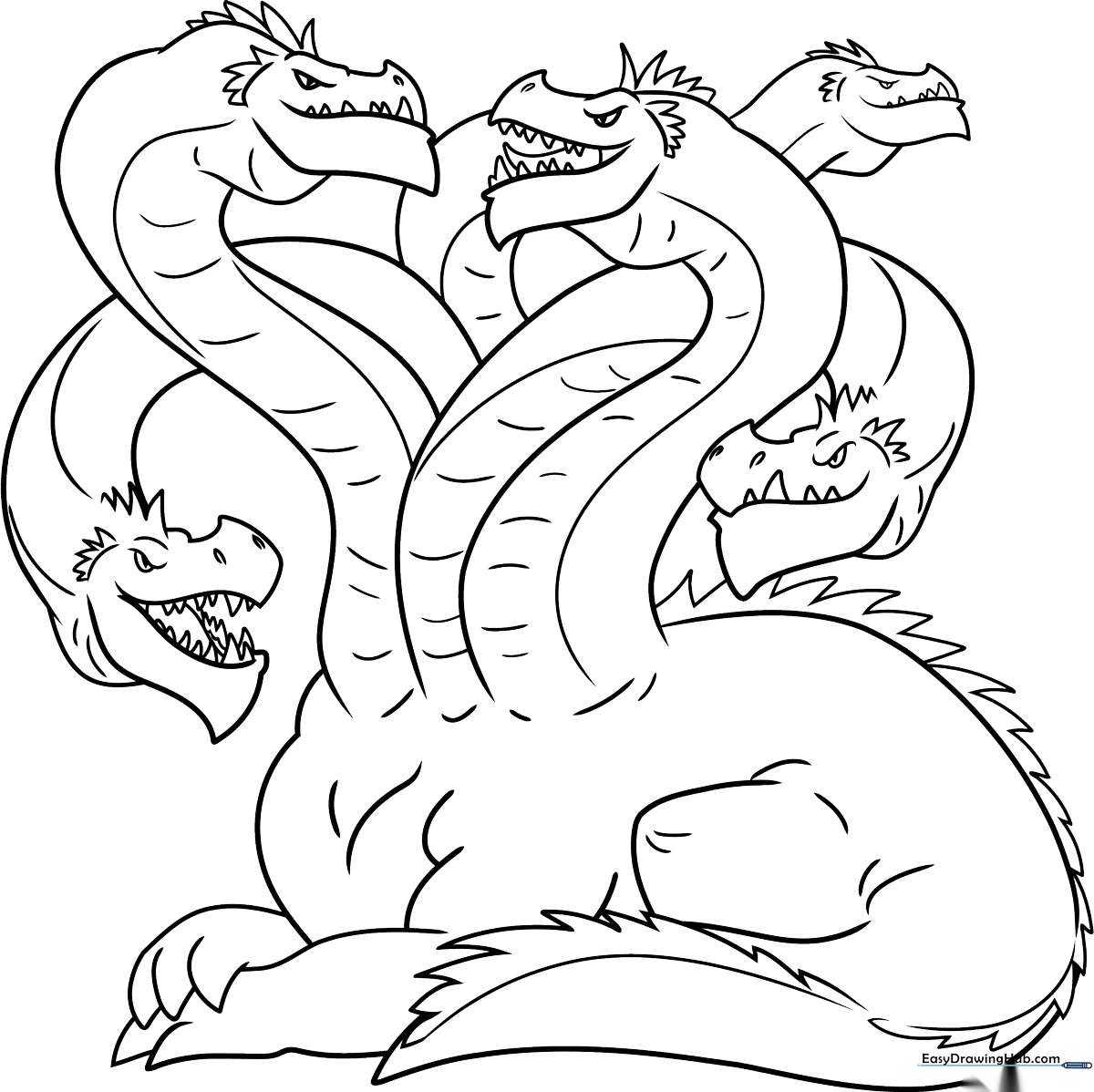 Black and white line art of a multi-headed Hydra monster from Greek mythology, featuring clean outlines for easy coloring by children.