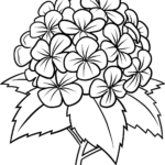 Black and white line art of a hydrangea flower with clustered petals and broad leaves, designed for children to color.