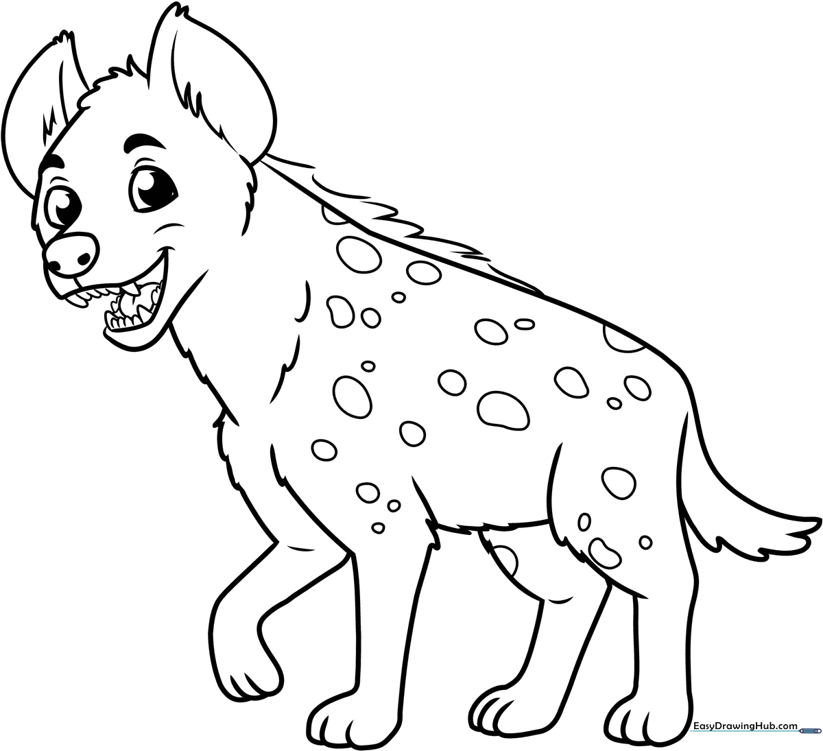 A friendly cartoon hyena with distinct spots and a bushy mane, outlined in bold black lines for easy coloring by children.