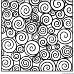Black and white geometric spiral pattern with repeating segments designed for mindful coloring and fine motor skill development.