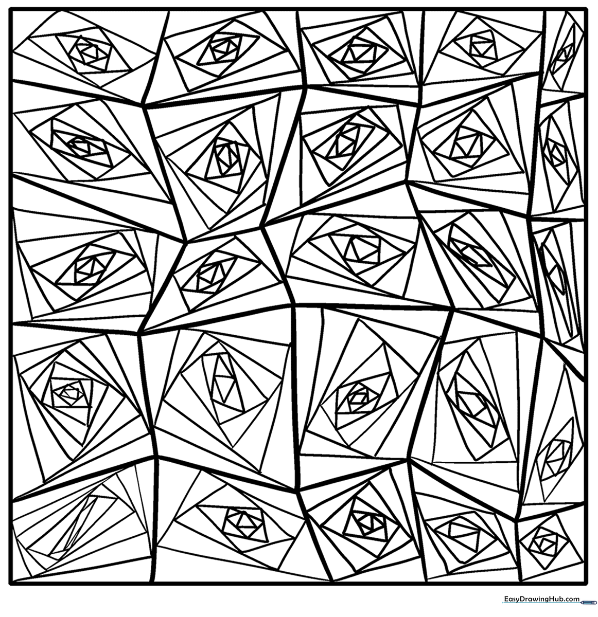 Black and white Zentangle line art featuring stylized, hypnotic eyes surrounded by intricate geometric patterns for coloring.