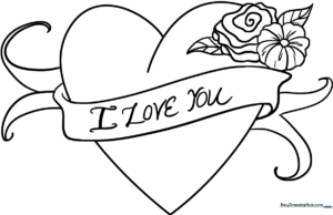 A clean, black-and-white line art illustration of a heart with the words I Love You written in the center, designed for children to color.