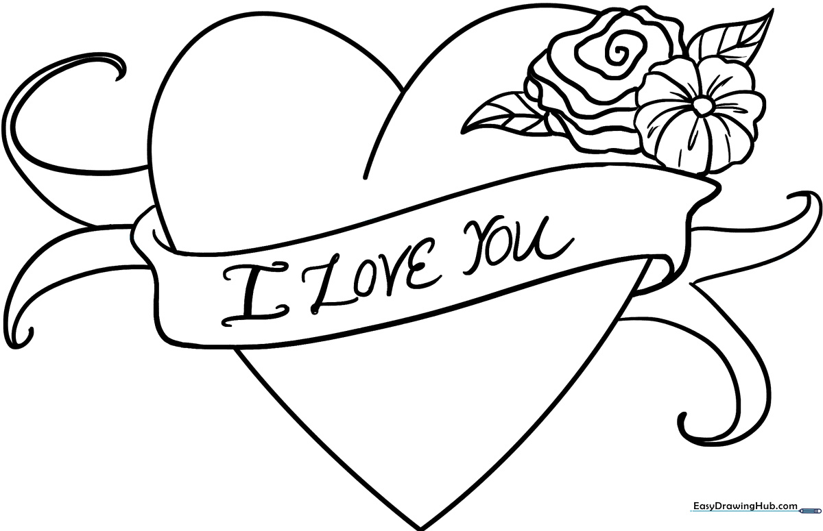 A clean, black-and-white line art illustration of a heart with the words I Love You written in the center, designed for children to color.