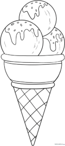 Black and white line art of a classic ice cream cone with two scoops, featuring bold outlines for easy coloring by children.