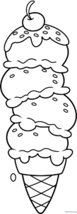 Black and white line art of a tall ice cream tower with multiple scoops and a waffle cone, ready for children to color.