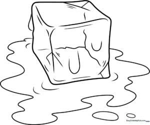 A clean, black-and-white line art illustration of a cartoon ice cube with a happy face, featuring geometric facets ready for coloring.