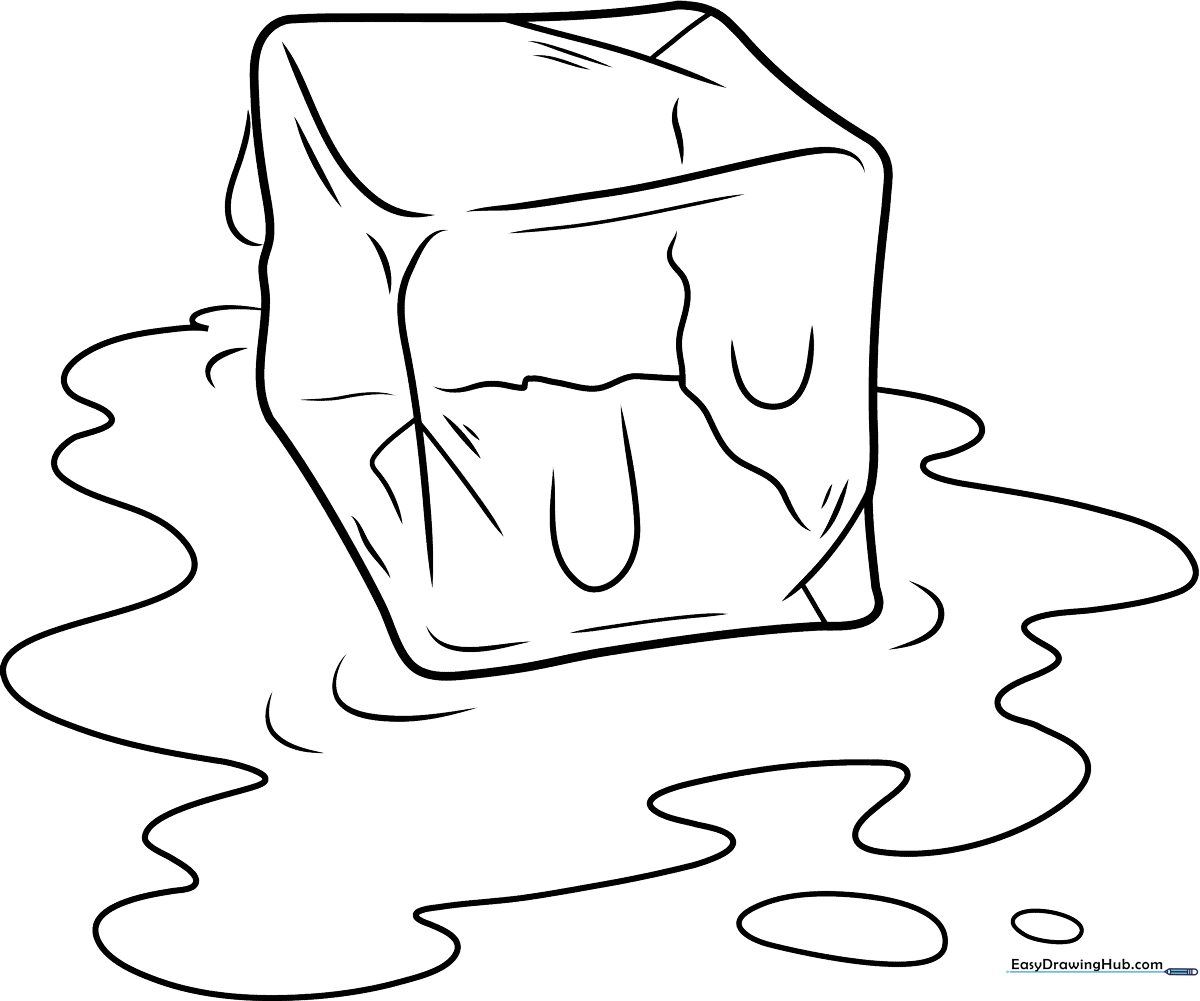 A clean, black-and-white line art illustration of a cartoon ice cube with a happy face, featuring geometric facets ready for coloring.