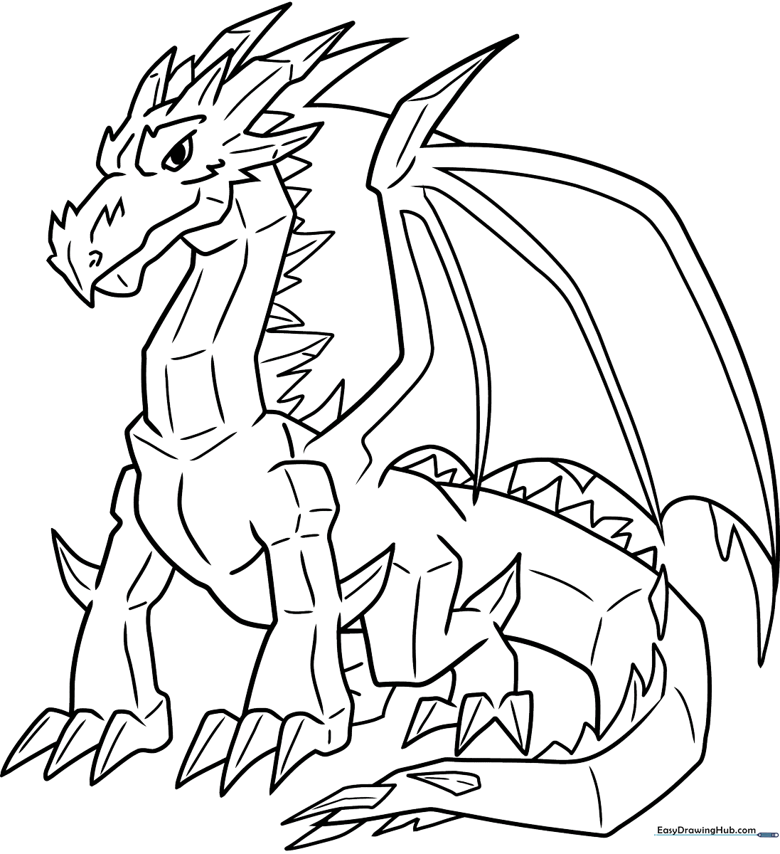 Line art illustration of a friendly ice dragon with large wings and icy scales, ready for children to color.