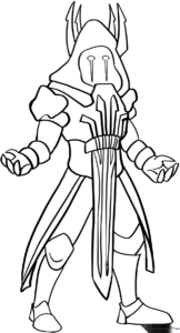 Black and white line art of the Ice King from Fortnite, featuring his iconic crown, jagged armor, and flowing cape, ready for coloring.