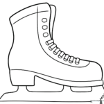 Black and white line art of a classic ice skate with laces and a curved blade, ready for children to color.