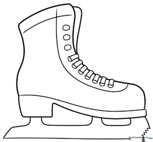Black and white line art of a classic ice skate with laces and a curved blade, ready for children to color.