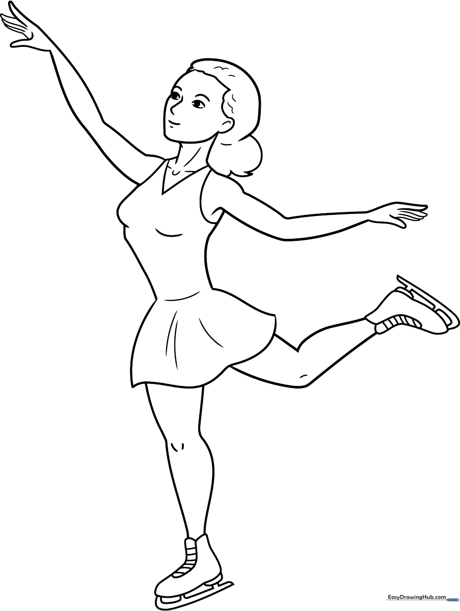 A cheerful cartoon ice skater in a skating dress, ready for coloring on a clean white background.