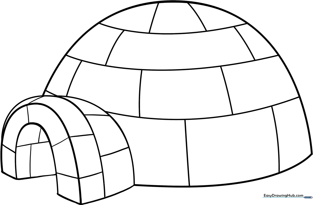 Black and white line art of a dome-shaped igloo with clear brick outlines, perfect for children to color with crayons or markers.