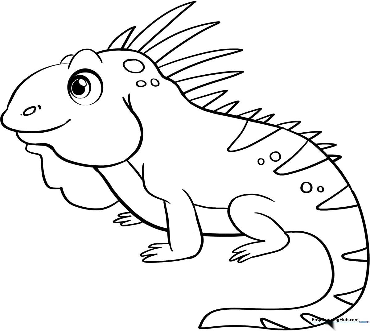 A friendly cartoon iguana with distinct scales and a long tail, outlined in bold black lines for easy coloring by children.