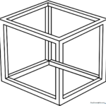 Black and white line art of an impossible cube optical illusion, featuring clean geometric edges ready for coloring.