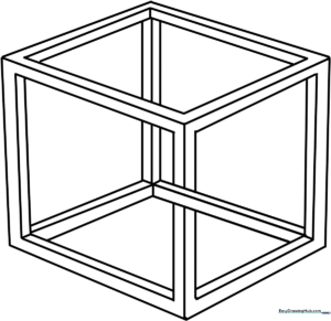 Black and white line art of an impossible cube optical illusion, featuring clean geometric edges ready for coloring.