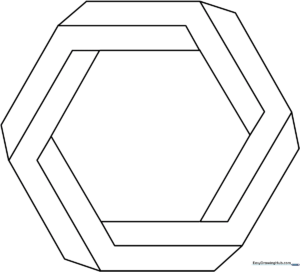 Black and white line art of an impossible hexagon optical illusion, featuring clean, bold outlines ready for coloring to emphasize the 3D depth effect.