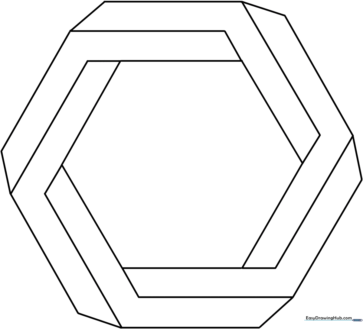 Black and white line art of an impossible hexagon optical illusion, featuring clean, bold outlines ready for coloring to emphasize the 3D depth effect.