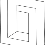Black and white line art of an impossible square optical illusion, featuring clean geometric shapes ready for coloring.