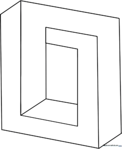 Black and white line art of an impossible square optical illusion, featuring clean geometric shapes ready for coloring.