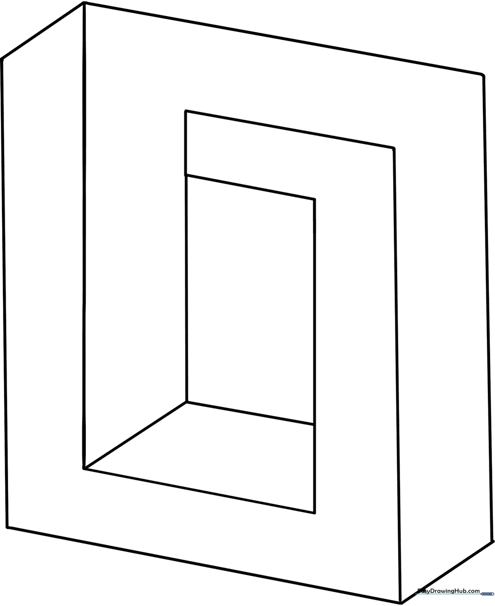 Black and white line art of an impossible square optical illusion, featuring clean geometric shapes ready for coloring.