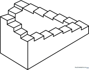 Black and white line art of an impossible staircase optical illusion, featuring interconnected steps that loop endlessly, ready for coloring.