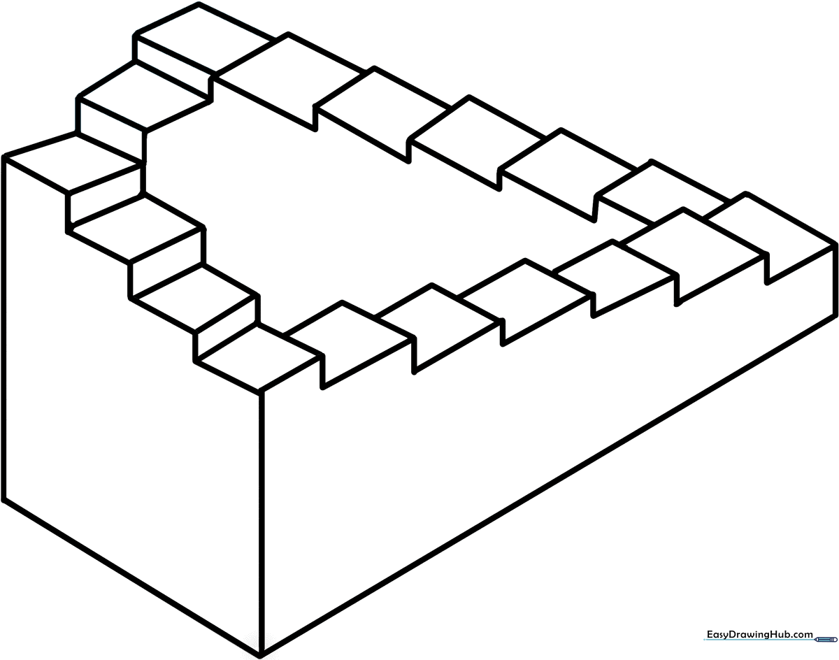 Black and white line art of an impossible staircase optical illusion, featuring interconnected steps that loop endlessly, ready for coloring.