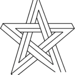 Black and white line art of an impossible star optical illusion, featuring overlapping geometric segments ready for coloring.