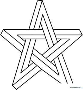 Black and white line art of an impossible star optical illusion, featuring overlapping geometric segments ready for coloring.