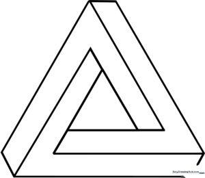 Black and white line art of an impossible triangle, featuring clean geometric edges ready for coloring to emphasize the 3D optical illusion.