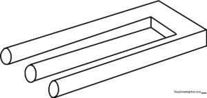 Black and white line art of an Impossible Trident optical illusion, featuring three prongs that visually shift between two and three dimensions.
