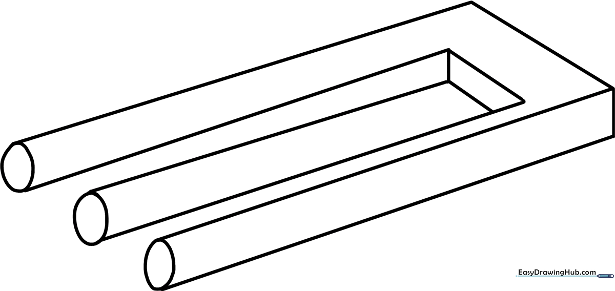 Black and white line art of an Impossible Trident optical illusion, featuring three prongs that visually shift between two and three dimensions.
