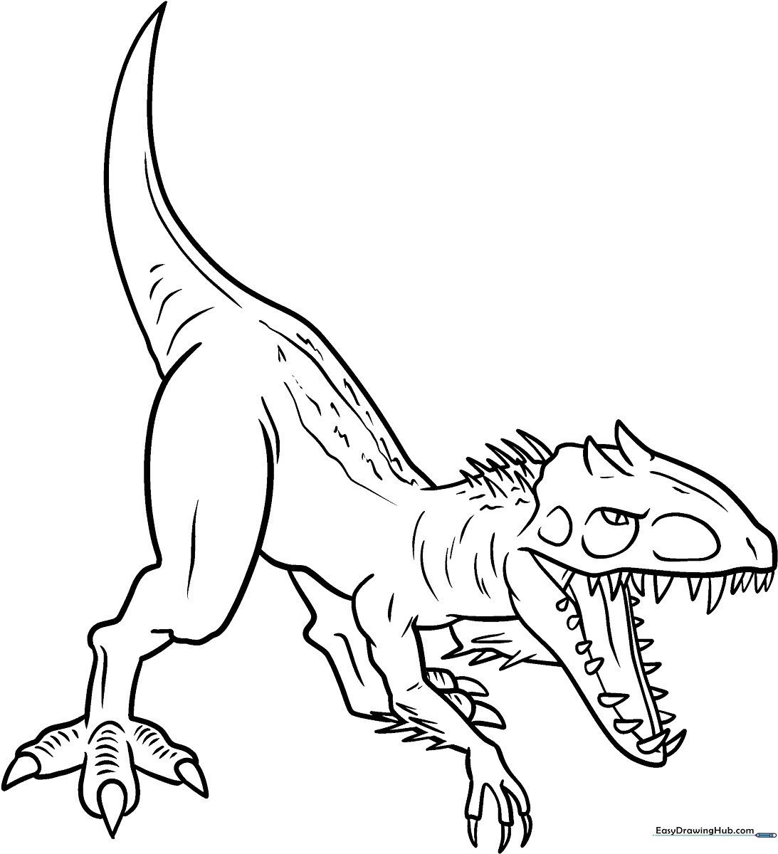 Black and white line art of an Indominus Rex dinosaur with sharp teeth and textured scales, ready for children to color.