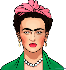 Cartoon portrait of Frida Kahlo with flowers in her hair and her signature thick eyebrows.
