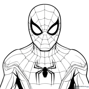 Black and white line art of Spider-Man in a dynamic, intense pose, featuring clear outlines for easy coloring of the suit's web pattern.