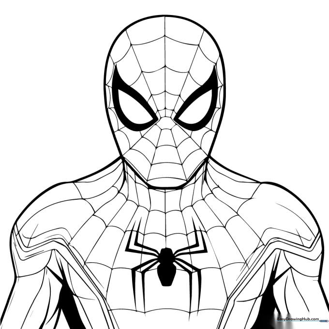 Black and white line art of Spider-Man in a dynamic, intense pose, featuring clear outlines for easy coloring of the suit's web pattern.