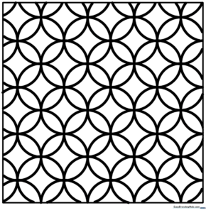 A geometric coloring sheet featuring a series of overlapping circles creating a complex, symmetrical pattern for children to color.