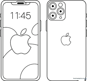 Black and white line art of a modern smartphone with a blank screen, ready for children to color and customize.