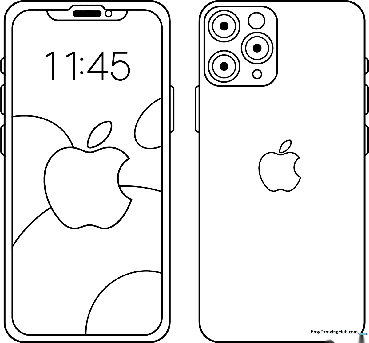 Black and white line art of a modern smartphone with a blank screen, ready for children to color and customize.