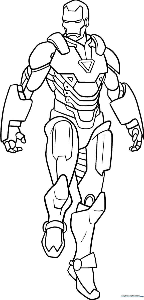 Black and white line art of Iron Man in his classic armor, featuring clear outlines for easy coloring by children.