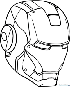 Black and white line art of the Iron Man helmet mask, featuring clear sections for the faceplate and eye slits, designed for easy coloring by children.