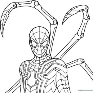 Detailed line art of the Iron Spider superhero character, featuring his signature mechanical suit and spider emblem, ready for coloring.
