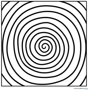Black and white line art of a complex spiral pattern made of irregular circles, designed for educational coloring and pattern recognition.
